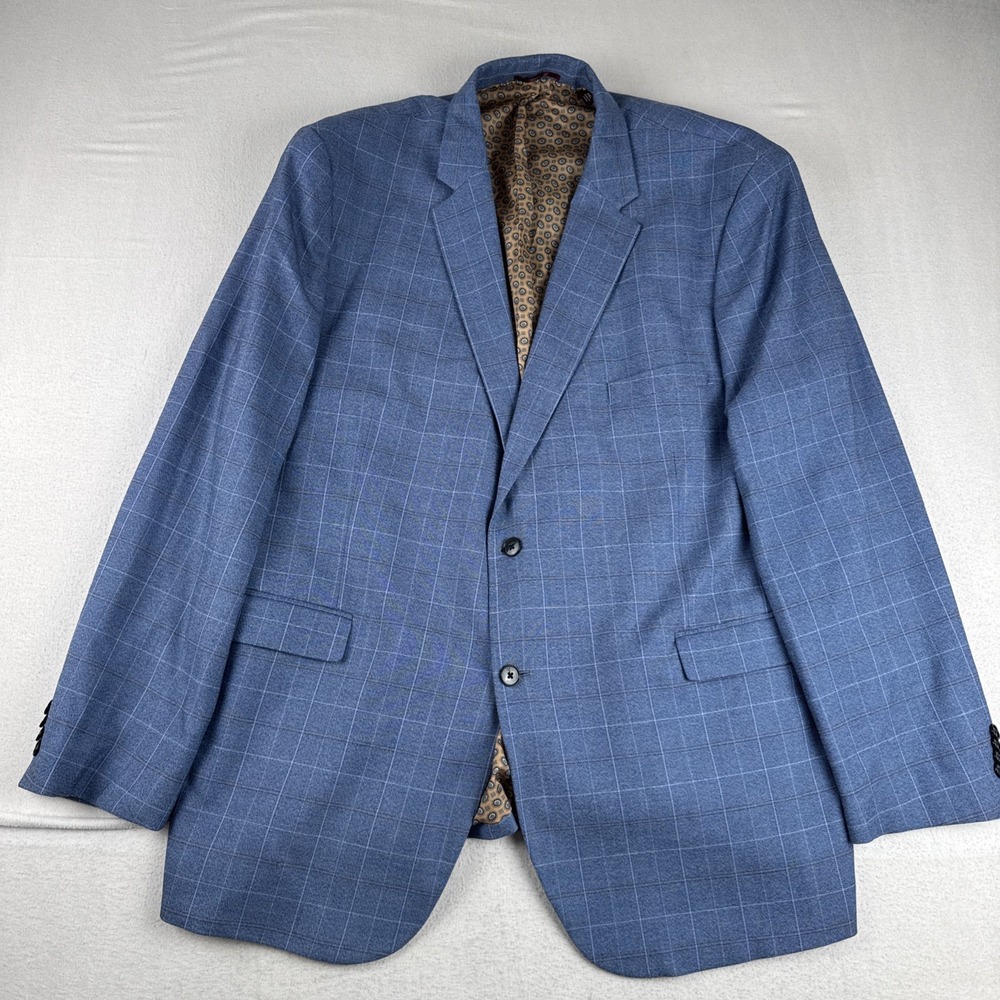 Johnston & Murphy Mens Blue Windowpane Sport Coat 2XL 48L Preppy Office business